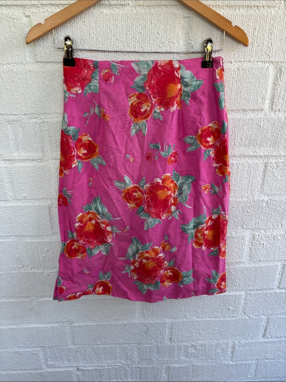 Vintage Laura Ashley Cotton Bright Pink Floral Pencil Skirt sz 8